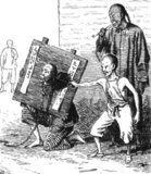 A cangue was a device that was used for public humiliation and corporal punishment in China and some other parts of East Asia and Southeast Asia until the early years of the 20th century. It was somewhat similar to the pillory used for punishment in the West, except that the board of the cangue was not fixed to a base, and had to be carried around by the prisoner.