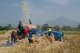 Thailand: A modern threshing machine and its Tai Dam (Black Tai) crew work the ricefields near Ban Na Pa Nat Tai Dam Cultural Village, Loei Province